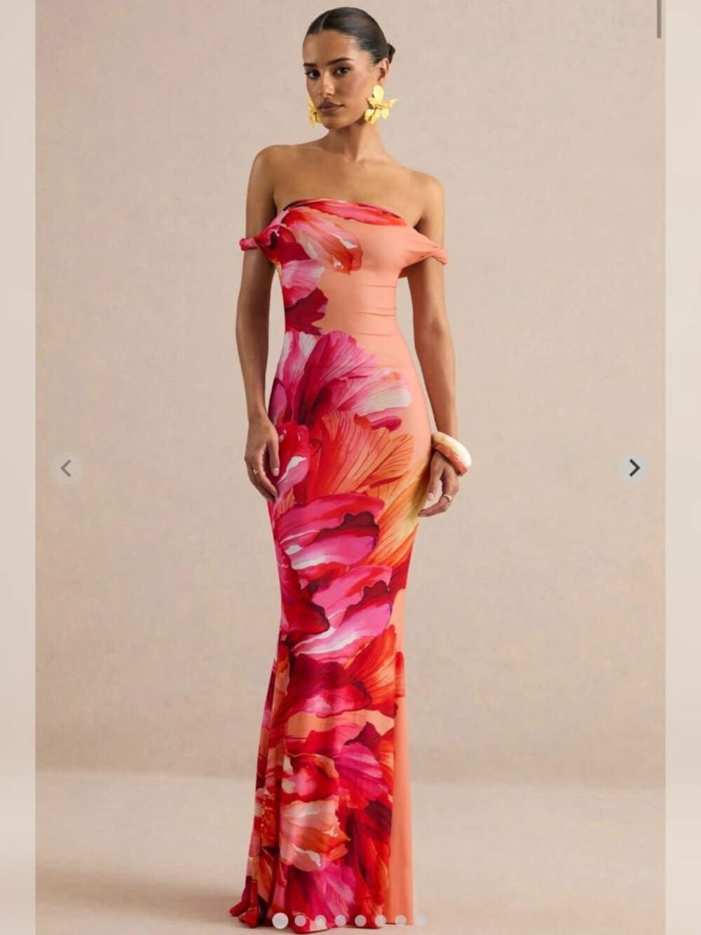 Club L London Katia Hot Pink Floral Asymmetric Off-Shoulder Maxi Dress